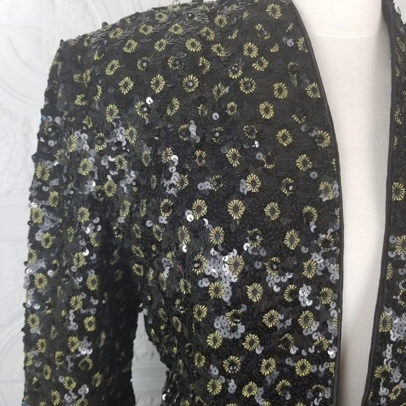 Black Sequin Beaded Evening Jacket Sequin Cocktail Blazer Gold Flower Accents S - Picture 3 of 9